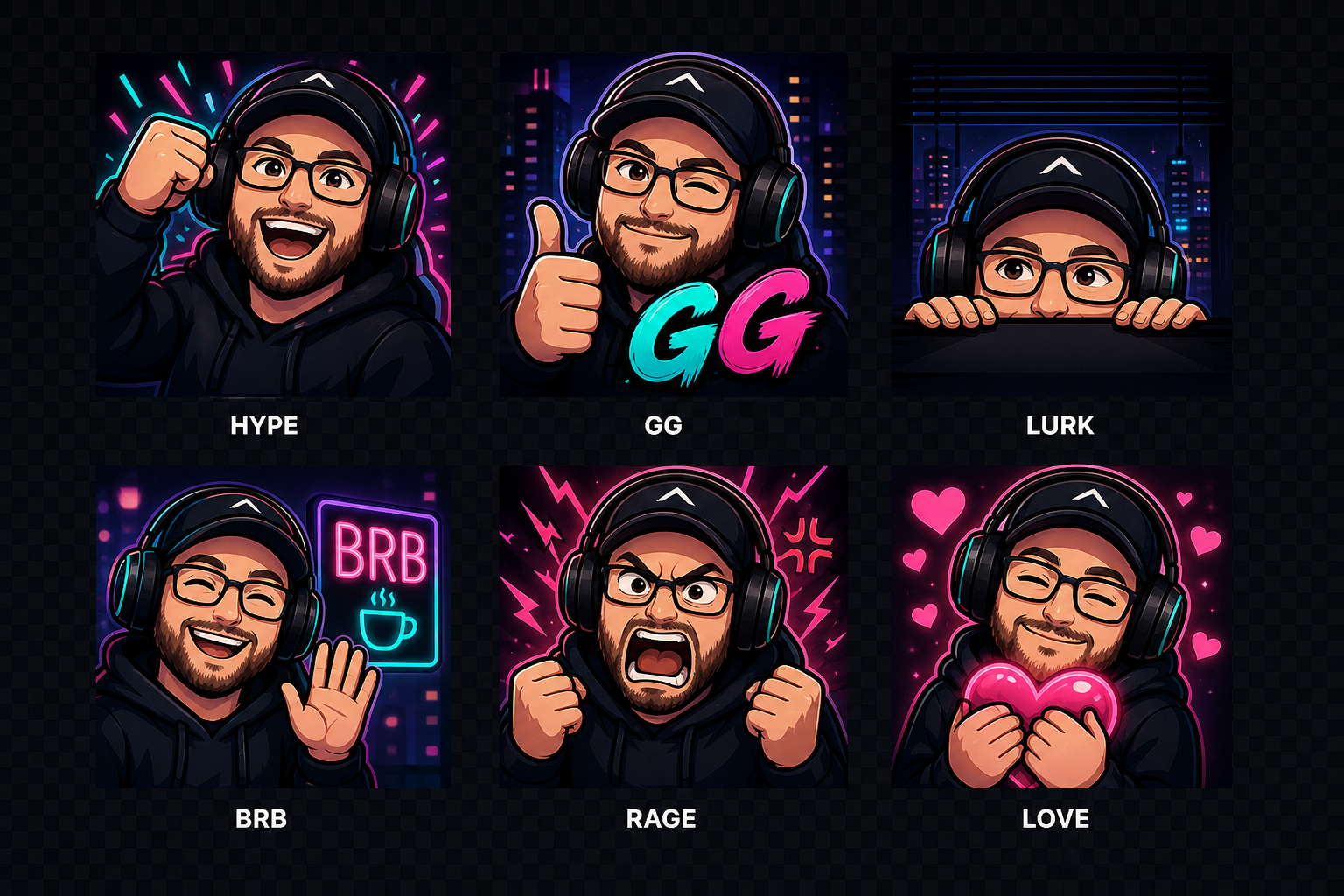 Silentgrr avatar concept sheet showing HYPE, GG, LURK, BRB, RAGE, and LOVE reactions